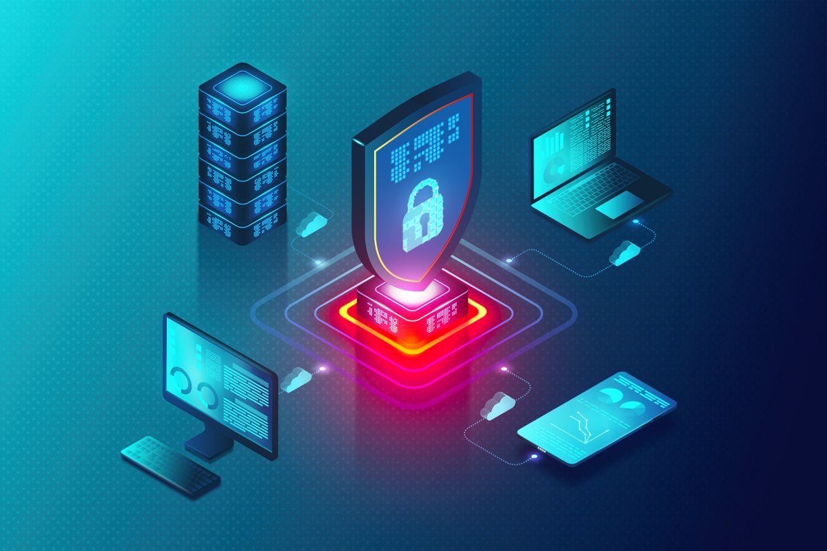 Concept illustration of devices and databases connected to a secured network